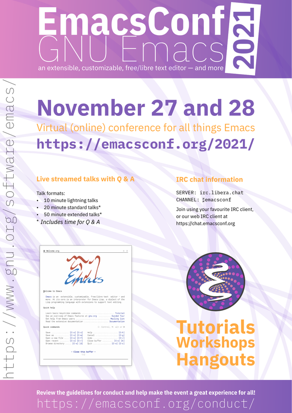 EmacsConf 2021 poster by Garulfo Azules
